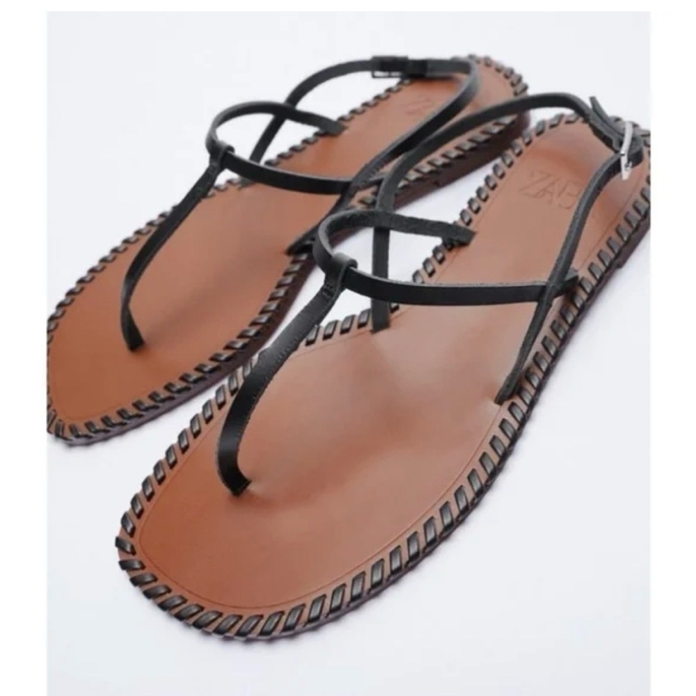 Zara Black Leather thong sandals 37 size 7